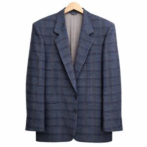 42L Vintage Givenchy Monsieur Blazer Wool Silk Blend Green Blue Plaid Tweed
